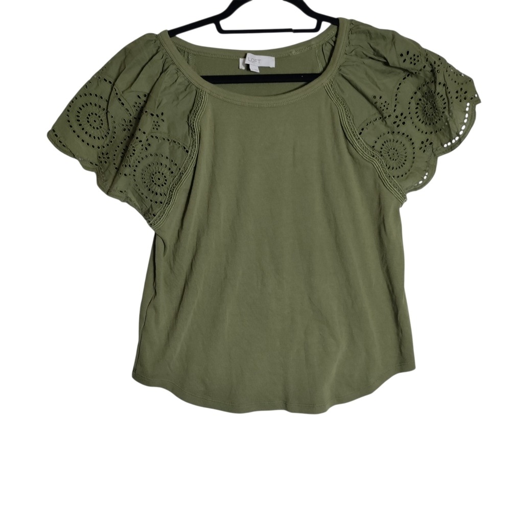 LOFT Olive Green Eyelet Flutter Sleeve Rib Knit Top Large CA57421 RN140923